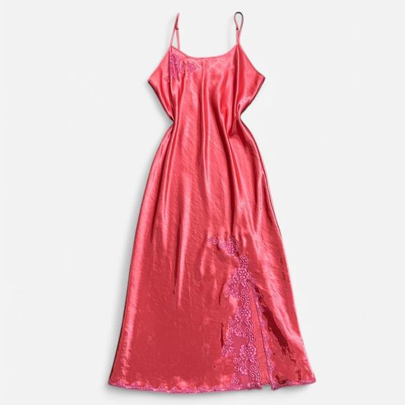 VTG Y2K Chanteuse Bright Coral & Hot Pink Floral Lace Satin Maxi Slip Dress M - Picture 1 of 7